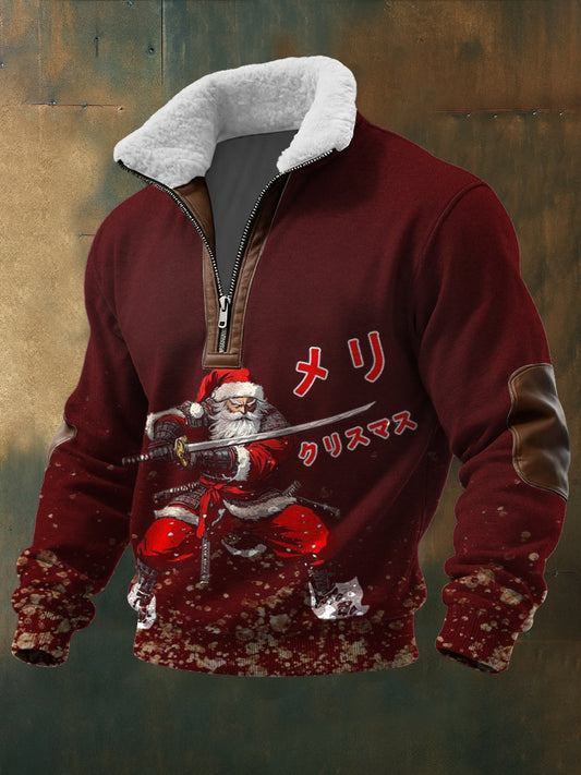Pánské burgundy samurai santa print sherpalemovaný zip sweatshirt