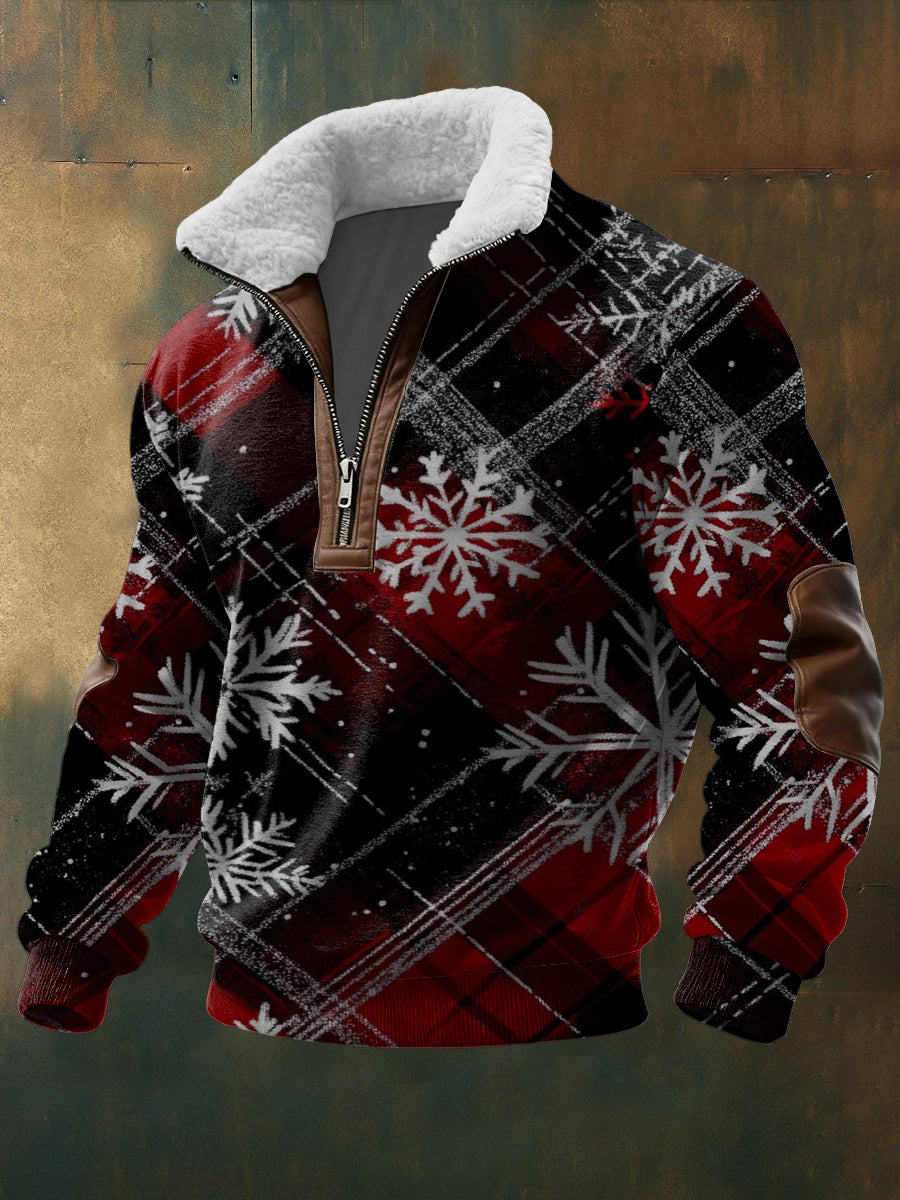Pánské červené a černé sněhové vločky plátované otisky sherpalemované zip sweatshirt