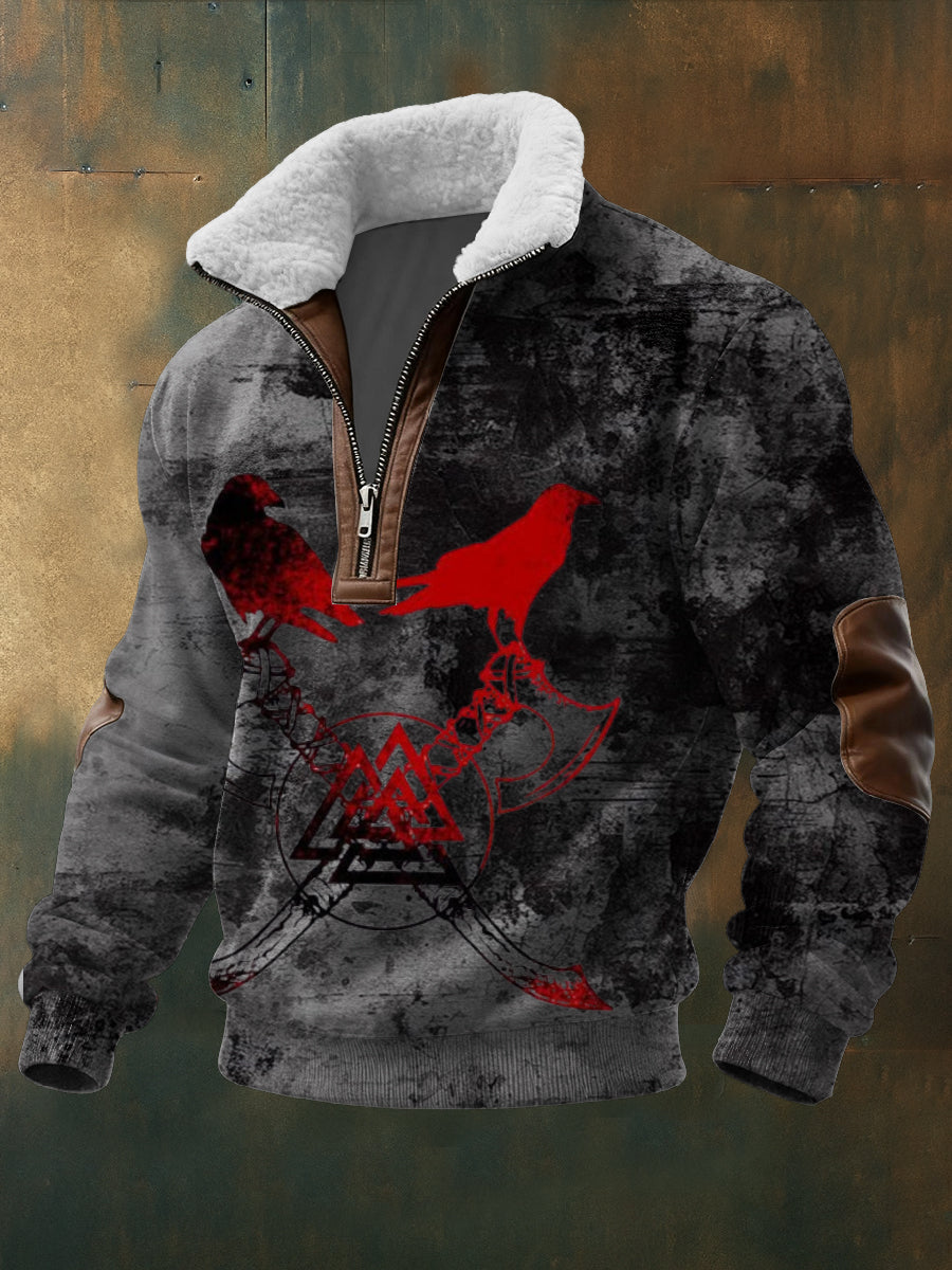 Men grey viking raven & axe print sherpalined zip sweatshirt