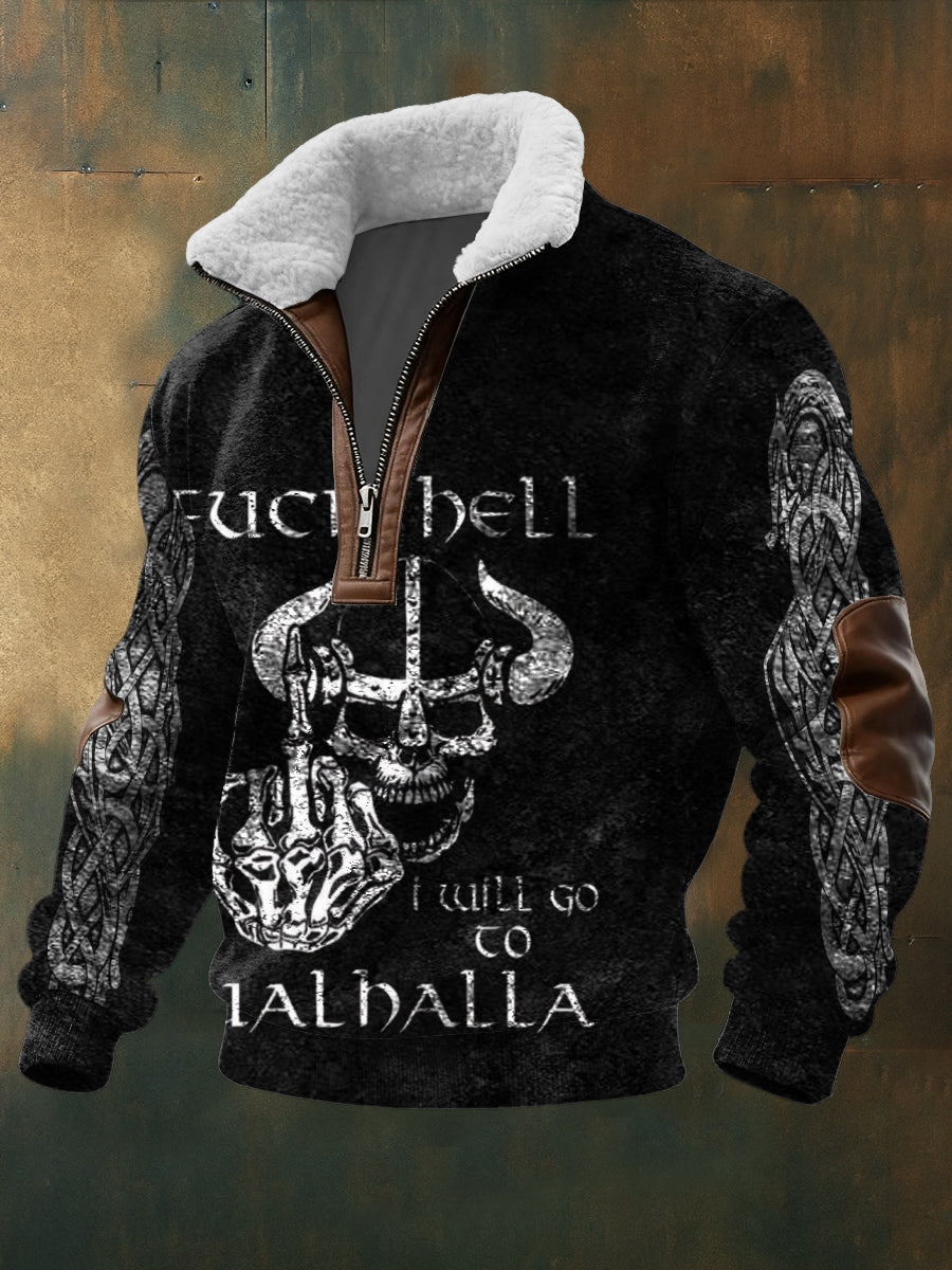 Men black "i will go to valhalla" viking skull print sherpalined zip sweatshirt