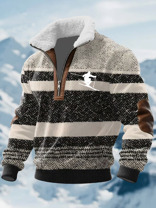 Men casual ski art print zipper comfortable fur collar longsleeve sweatshirt