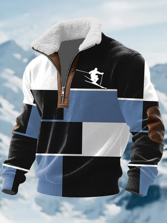 Men casual ski art print zipper comfortable fur collar longsleeve sweatshirt
