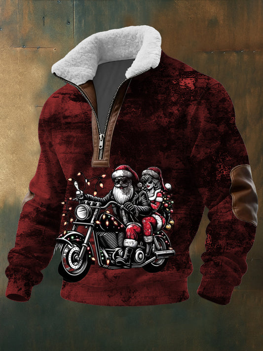 Pánské červené biker santa & mrs claus print sherpalined zip sweatshirt