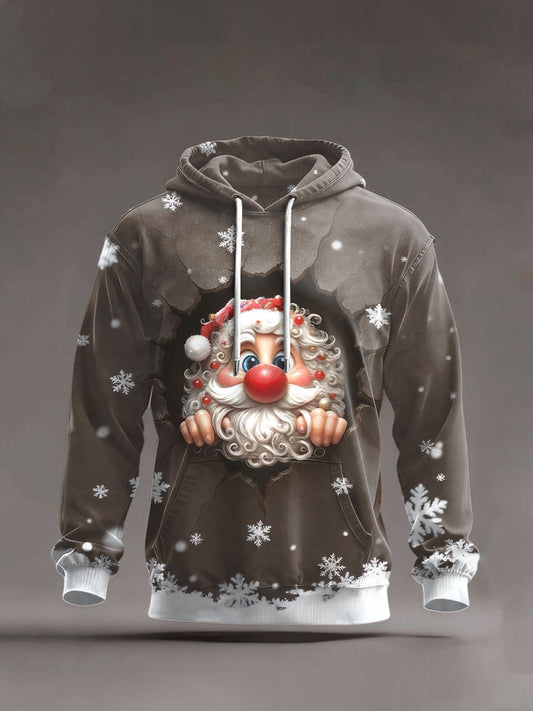 Pánské vánoční tematické potištěné tmavě hnědé mikiny s kapucinou