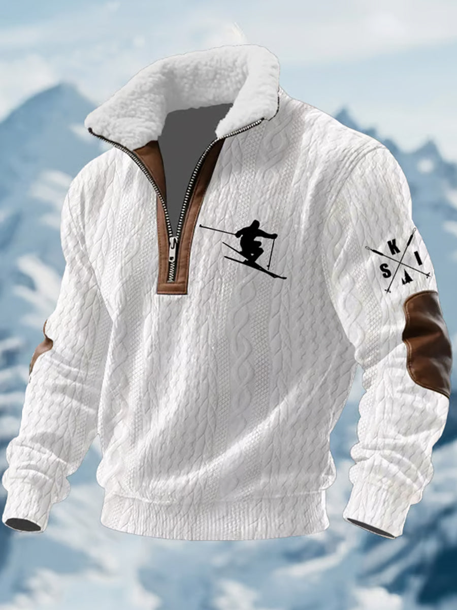 Men casual ski art print zipper comfortable fur collar longsleeve sweatshirt