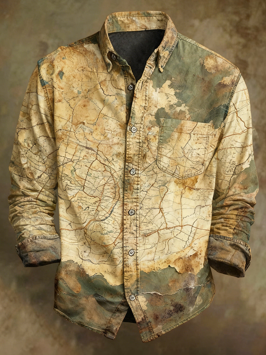 Pánské retro abstraktní art print casual business style pohodlné tričko s dlouhým rukávem