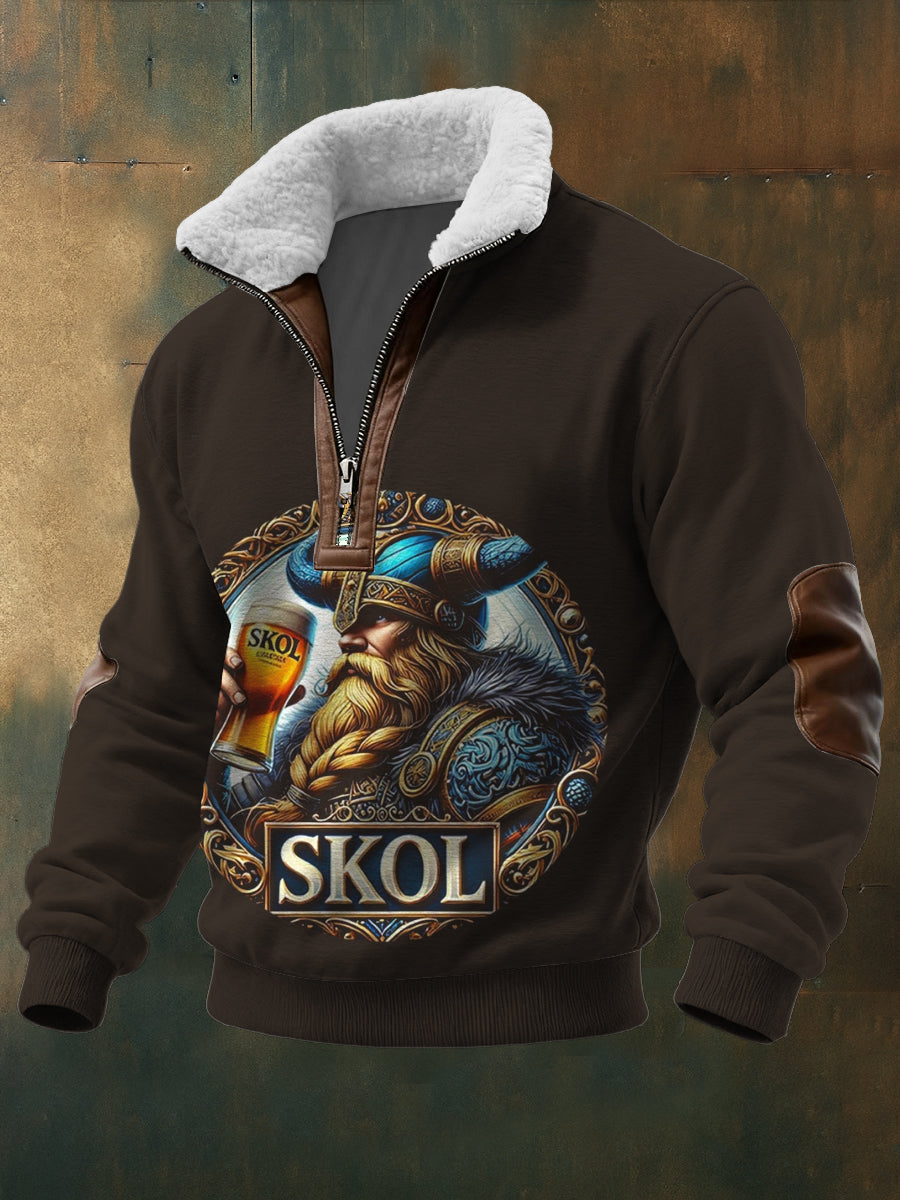 Pánské hnědé vikingské pivo "skol" pivo tištěné tričko s zipsem