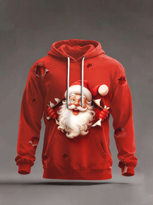 Pánské vánoční tematické potištěné červené mikiny s kapucinou