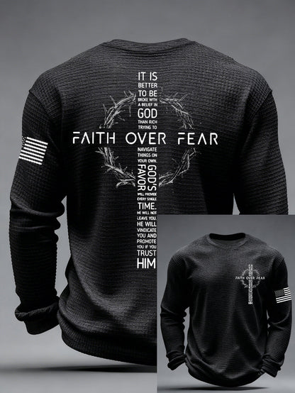 Mens faith over fear print casual waffle long sleeve tshirt