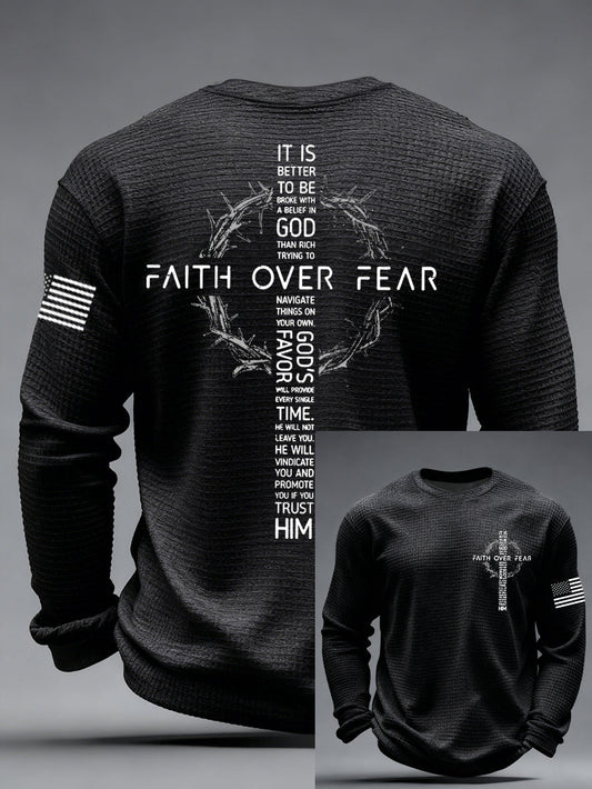 Mens faith over fear print casual waffle long sleeve tshirt