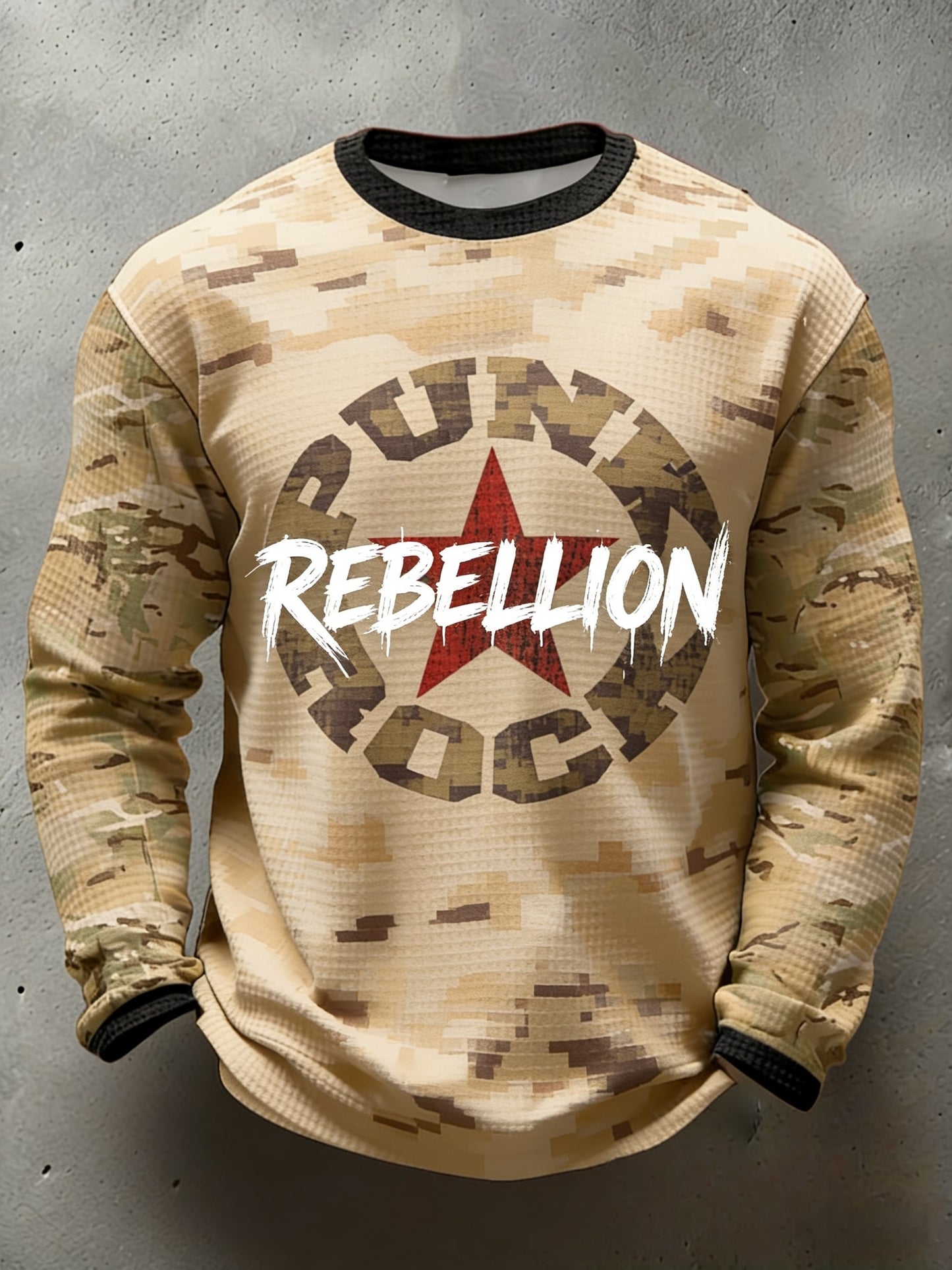 Mens retro punk band the clash camo print casual waffle longsleeve top