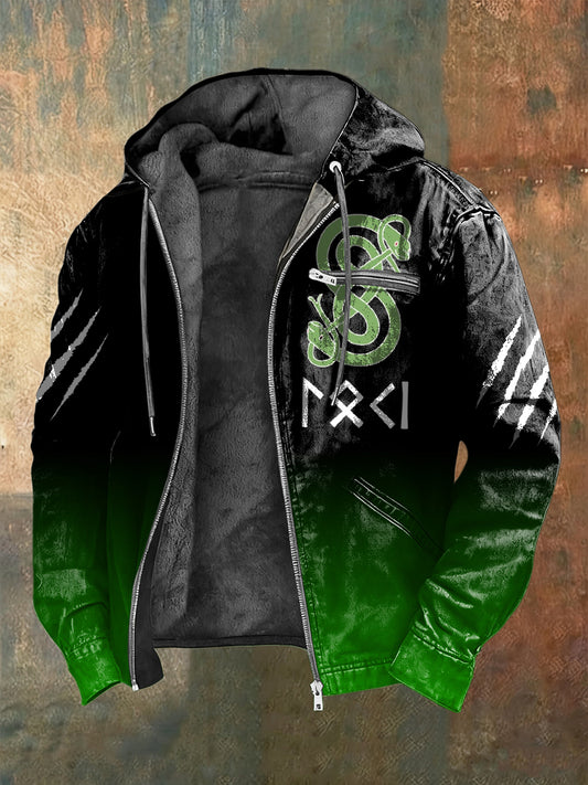 Pánské elegantní zelená hada viking rune print fleecelemovaný zip bunda