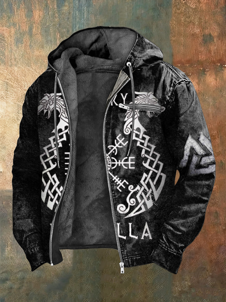 Men bold viking dragon & knotwork print fleecelined zip jacket