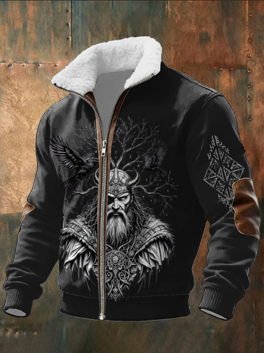 Pánské složité viking warrior & raven print sherpa collar jacket