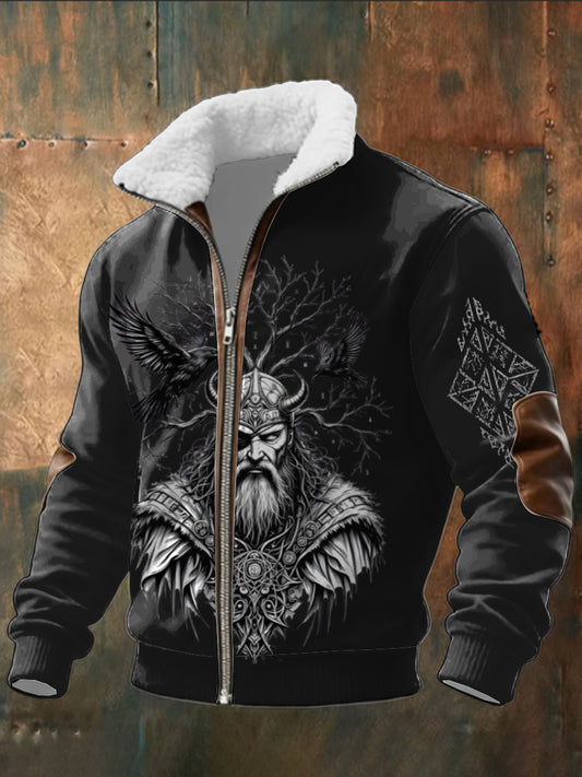 Pánské složité viking warrior & raven print sherpa collar jacket