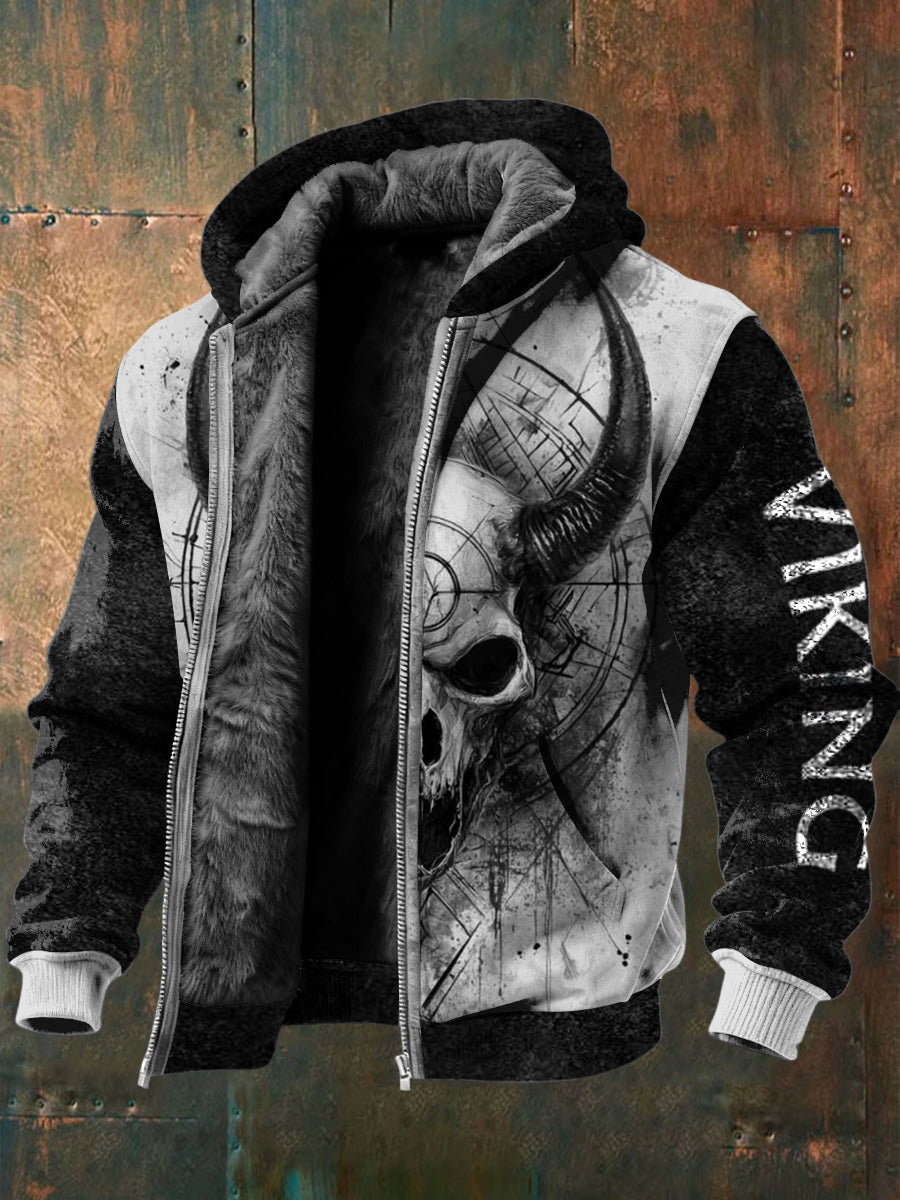 Pánské edgy horned skull viking print fleecelined zip hoodie