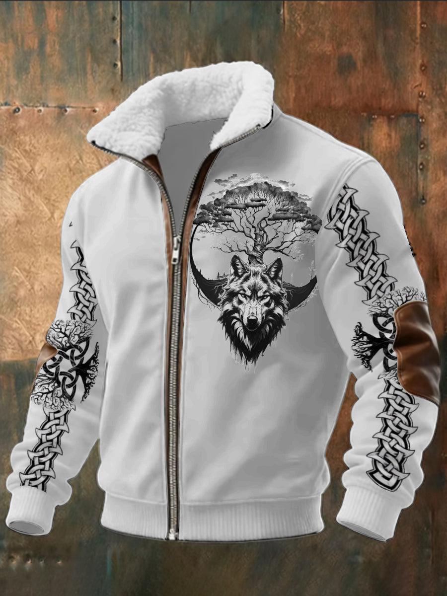 Pánský stylový vlk & keltský uzel tisk sherpa golier bunda