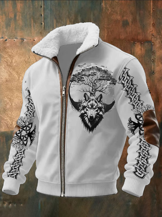 Pánský stylový vlk & keltský uzel tisk sherpa golier bunda