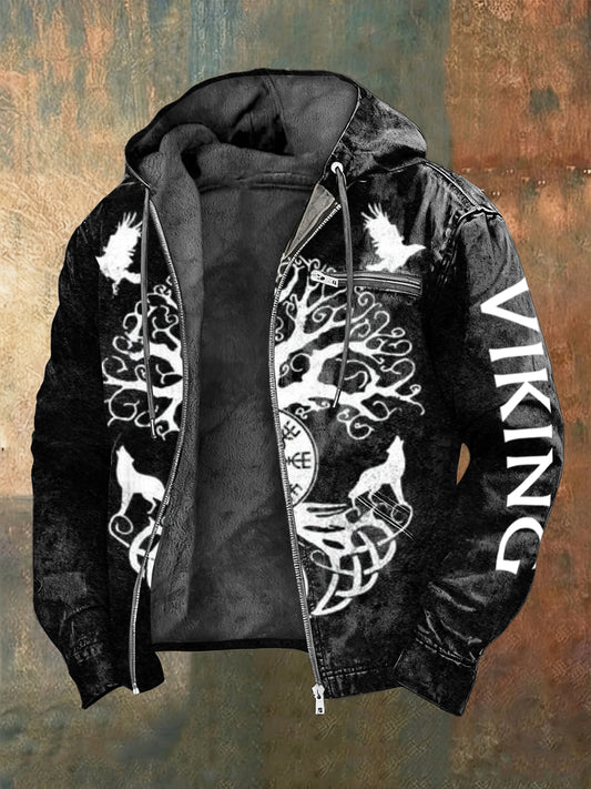 Men atmospheric viking yggdrasil & wolf print fleecelined zip jacket