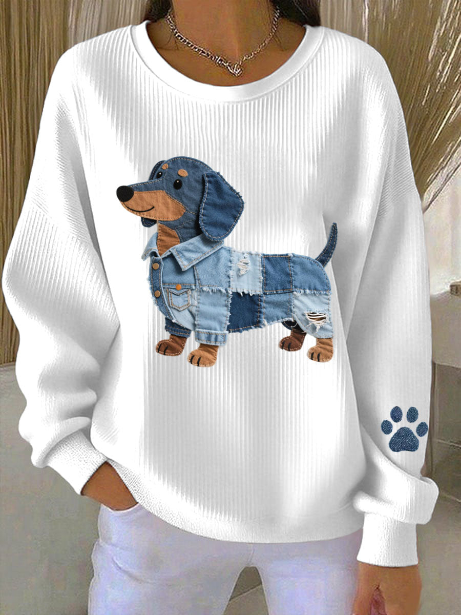 Dámské džínsové patchwork umění dachshund vzor sweatshirt