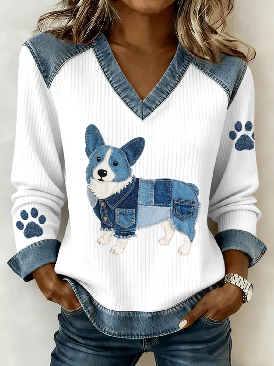 Dámské krásné corgi pes vzor džínsové patchwork v krku top