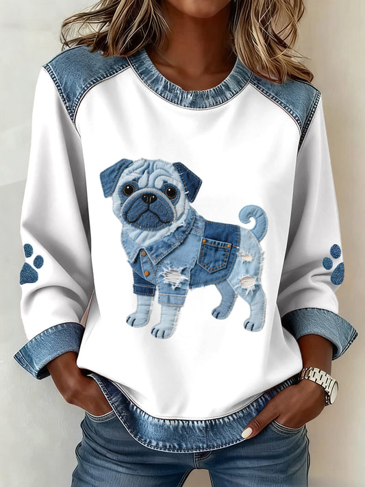 Dámské krásné pug pes vzor denim patchwork umění mikina