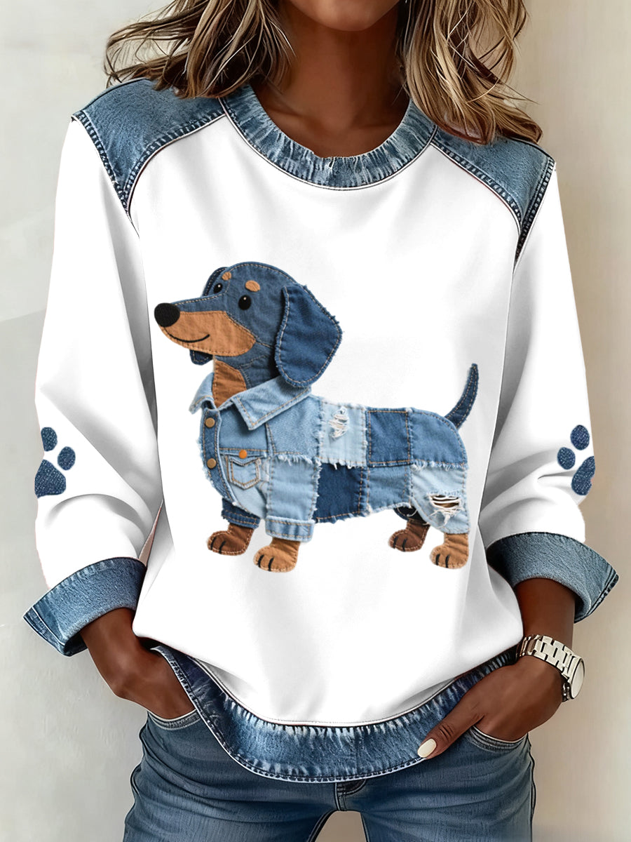 Dámské dachshund vzor džínsové patchwork umění mikina