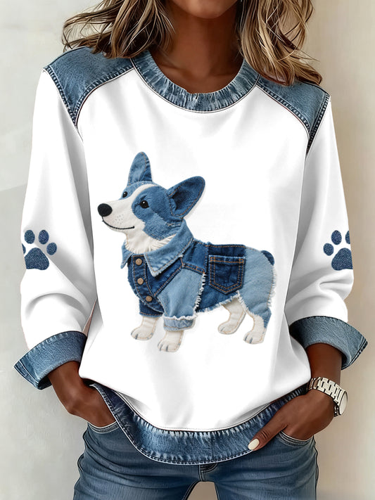 Dámské krásné corgi pes vzor denim patchwork sweatshirt