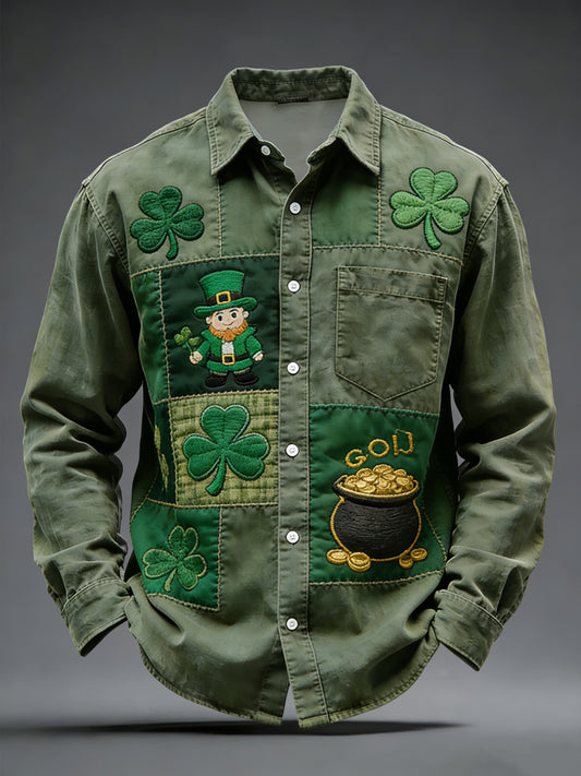 Retro st patricks day shamrock patchwork casual shirt【potiskový model🍀】