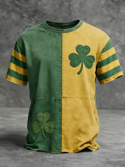 Retro st patricks day shamrock patchwork casual tshirt【potiskový model🍀】