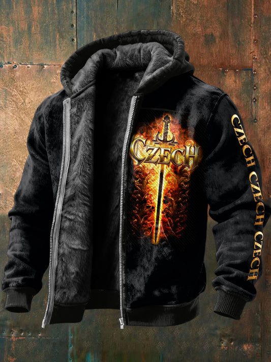 Pánské české plameny design tištěné černé fleecelemované sako