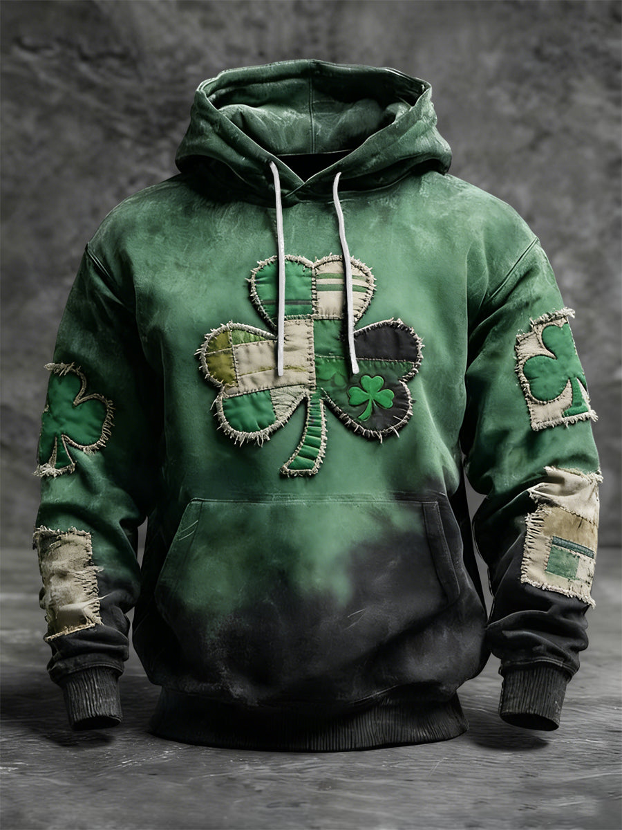 Retro st patricks day clover patchwork distress casual hoodie【potiskový model🍀】