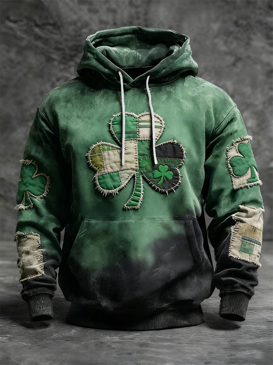 Retro st patricks day clover patchwork distress casual hoodie【potiskový model🍀】