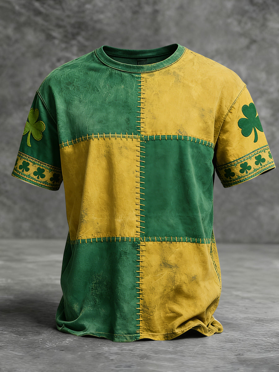 Retro st patricks day shamrock plaid patchwork casual tshirt【potiskový model🍀】