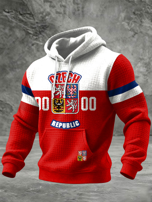 Retro czech ice hockey team emblem patchwork casual waffle hoodie