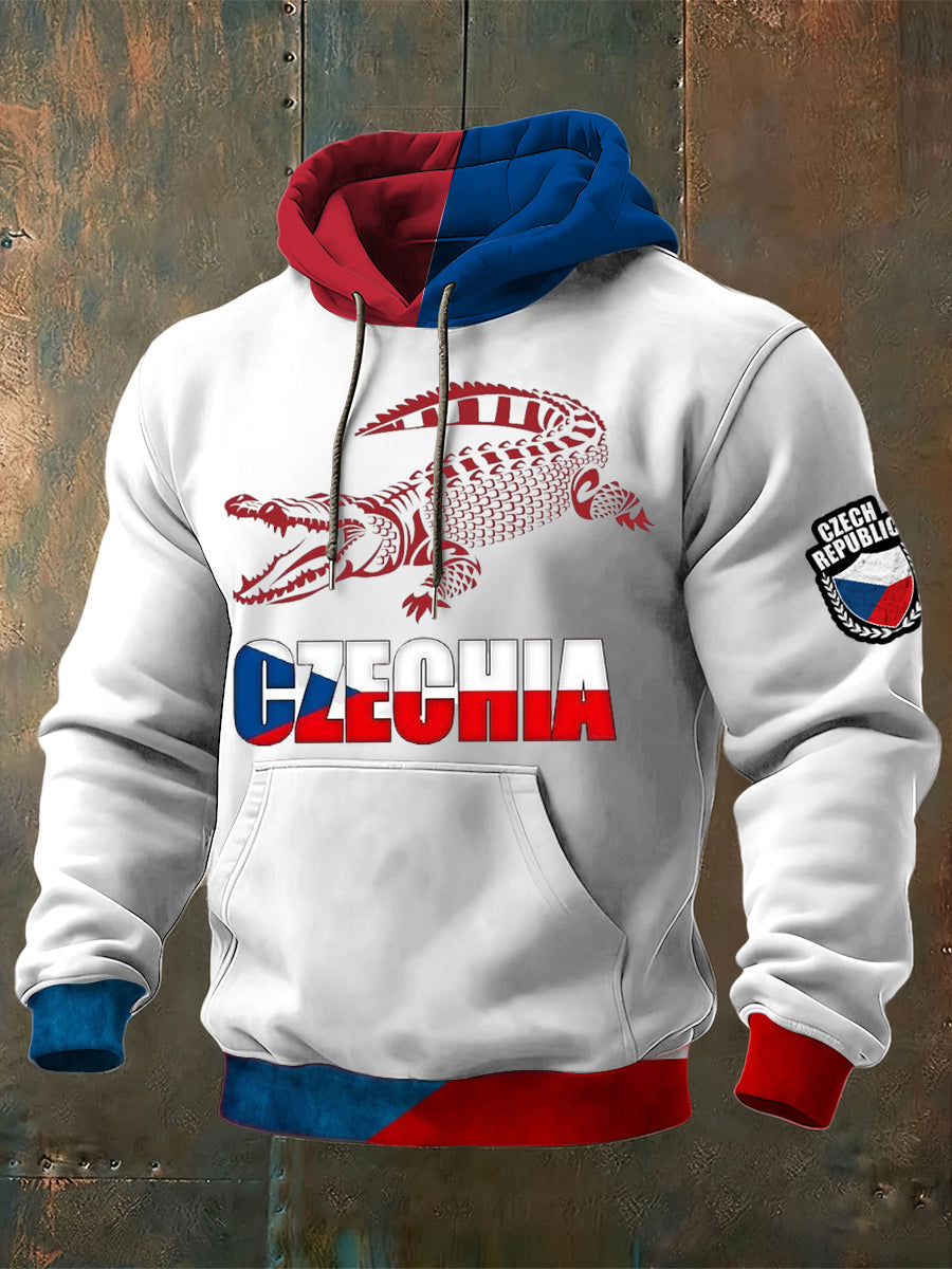 Men dynamic red crocodile czechia print colorblock hoodie