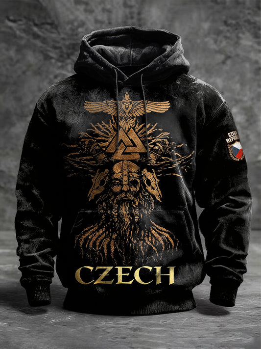 Pánské czech mythology print black hooded sweatshirt