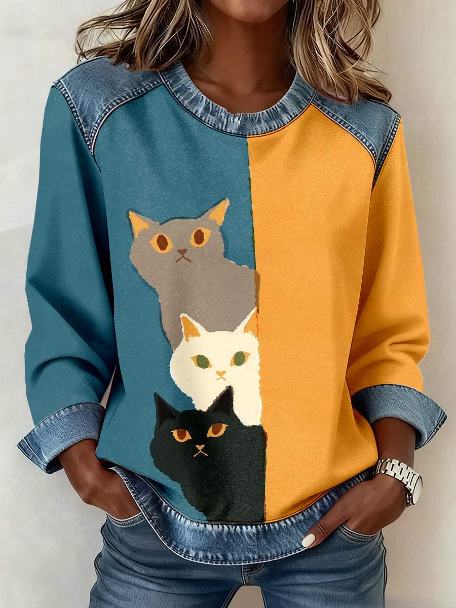 Dámské cute cat print denim patchwork sweatshirt