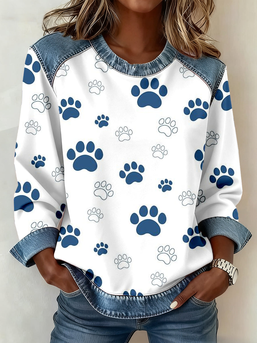 Dámské blue paw print denim patchwork sweatshirt