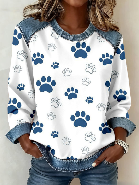Dámské blue paw print denim patchwork sweatshirt