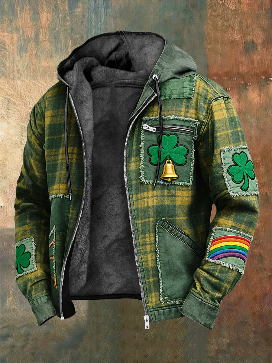 Retro st patricks day clover plaid fleecelined hooded jacket