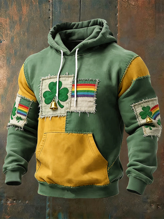 Retro st patricks day shamrock patchwork casual hoodie