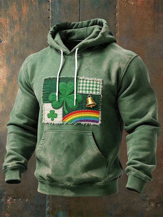 Retro st patricks day shamrock plaid patchwork casual hoodie