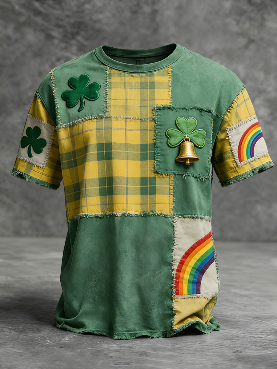 Retro st patricks plaid patchwork casual tshirt