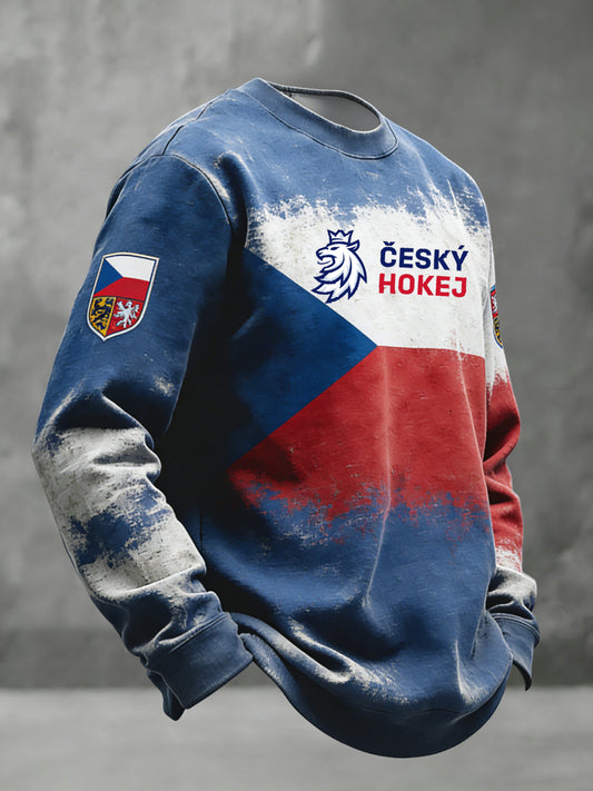 Retro abstraktní czech flag hokejstyl casual crewneck sweatshirt