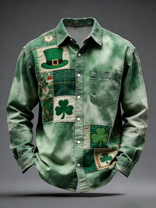 Retro st patricks day tiedye patchwork casual shirt