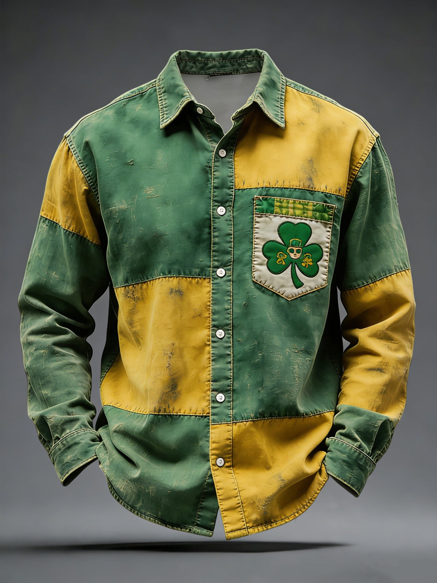 Retro st patricks day clover patchwork casual shirt