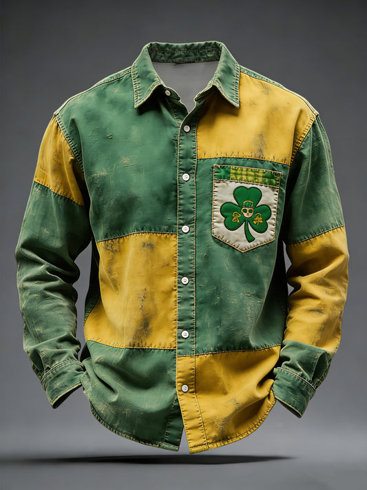 Retro st patricks day clover patchwork casual shirt