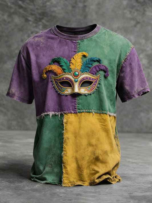 Retro znepokojená karneval maska patchwork příležitostné tričko