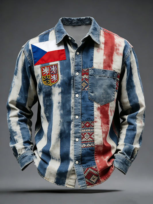 Retro czech flag emblem striped casual shirt